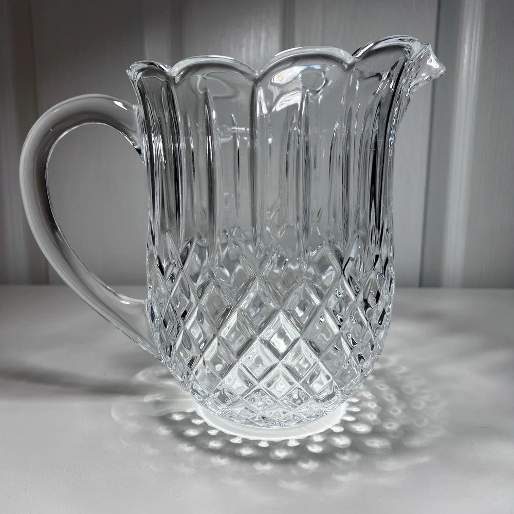 Lead Crystal Pitcher Scalloped Rim Diamond Wedge 7.5